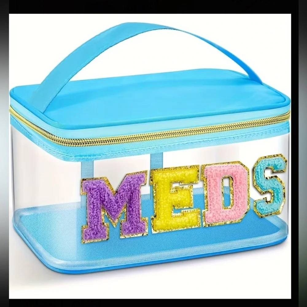Blue‎ Clear PVC MEDS Chenille Patch Makeup Bag Travel Toiletry Pouch
